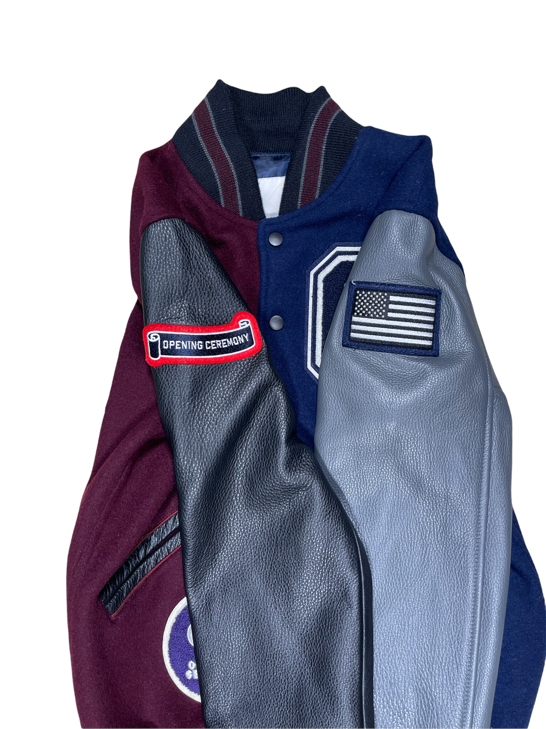 OPENING CEREMONY BURGUNDY/NAVY RENO VARSITY JACKET